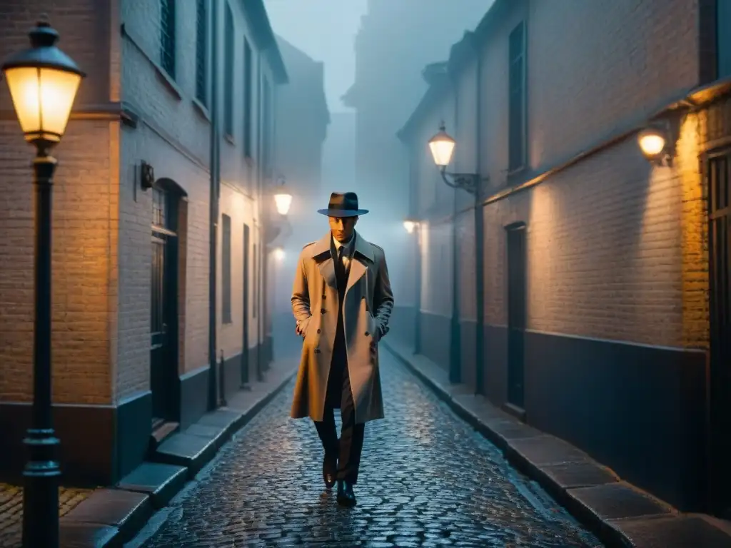 Un misterioso callejón en blanco y negro con un detective bajo la luz de la farola