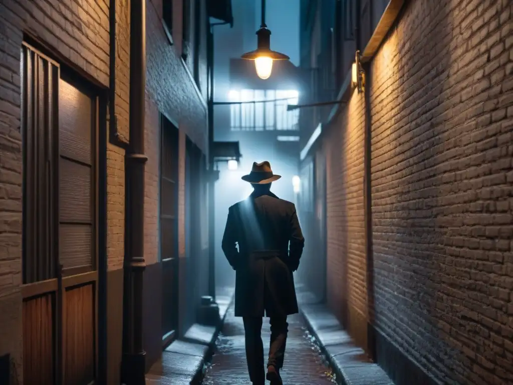 Un misterioso callejón en blanco y negro de estilo film noir con una figura solitaria bajo la luz de una farola, creando un ambiente tenso y peligroso