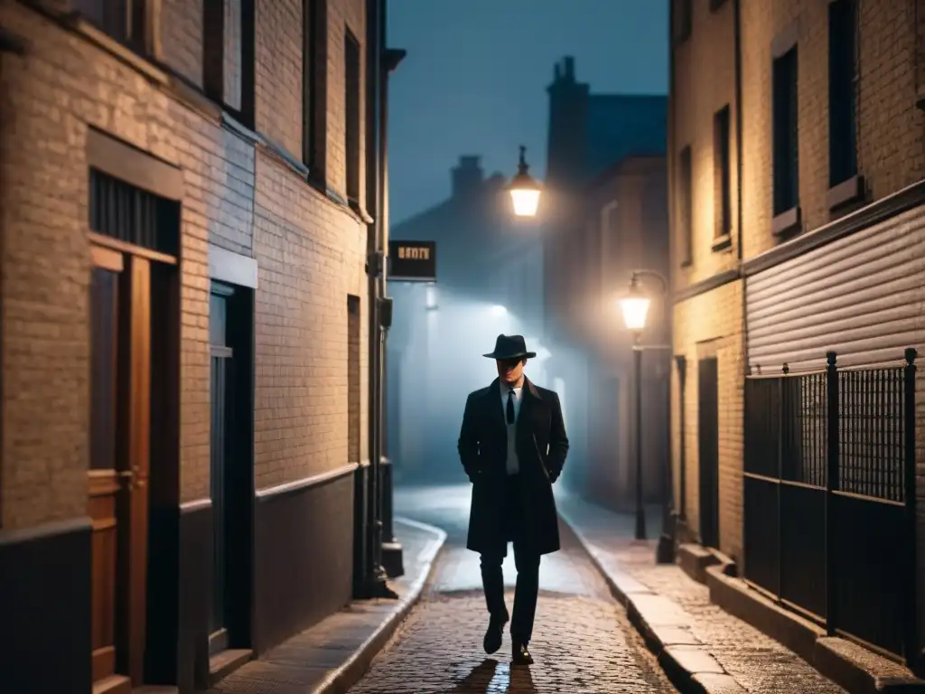 Un misterioso callejón en blanco y negro con una figura bajo una farola titilante, oculta por un sombrero