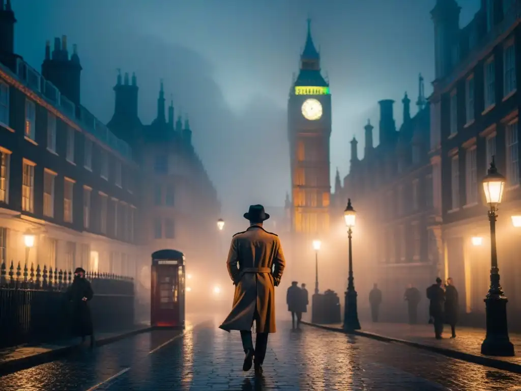 Un misterioso callejón británico en géneros, con una figura solitaria bajo la luz de una farola, envuelto en niebla con Big Ben al fondo