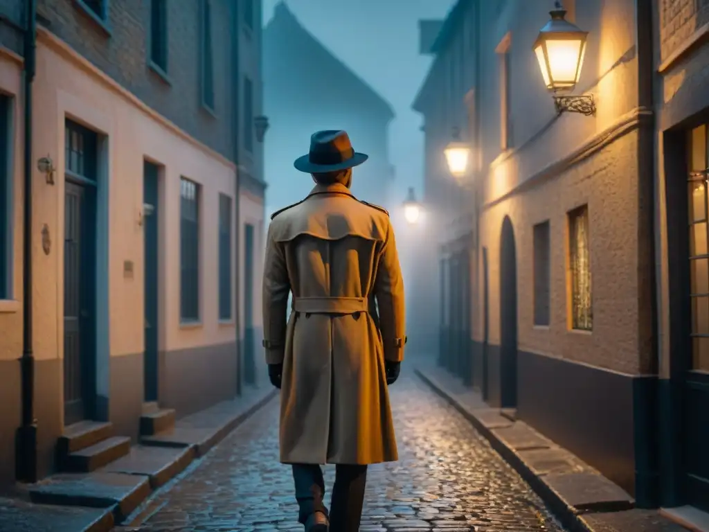 Un misterioso callejón empedrado iluminado por la luz de la luna, con una figura solitaria en gabardina y sombrero, bajo una farola parpadeante