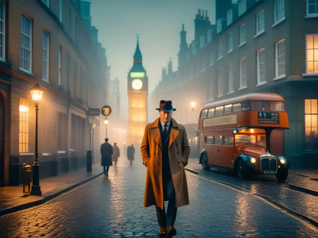 Misterioso callejón de Londres, envuelto en niebla, con la silueta de Big Ben al fondo