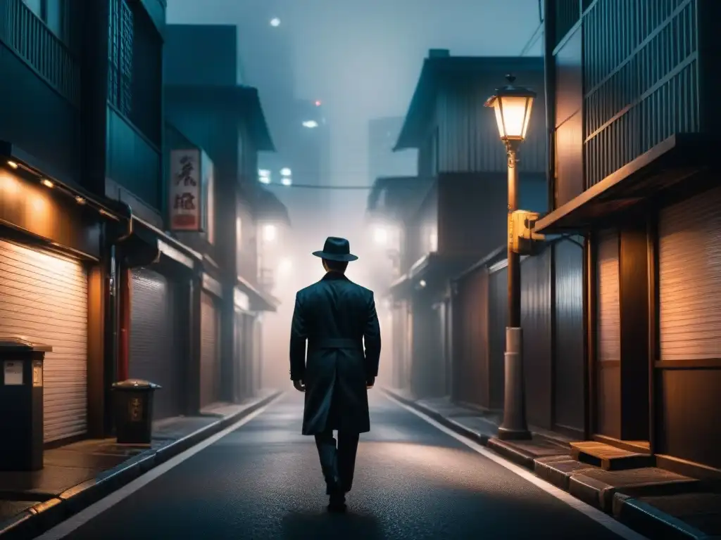 Un misterioso callejón de Tokio envuelto en niebla, con una figura solitaria en traje negro bajo una farola parpadeante