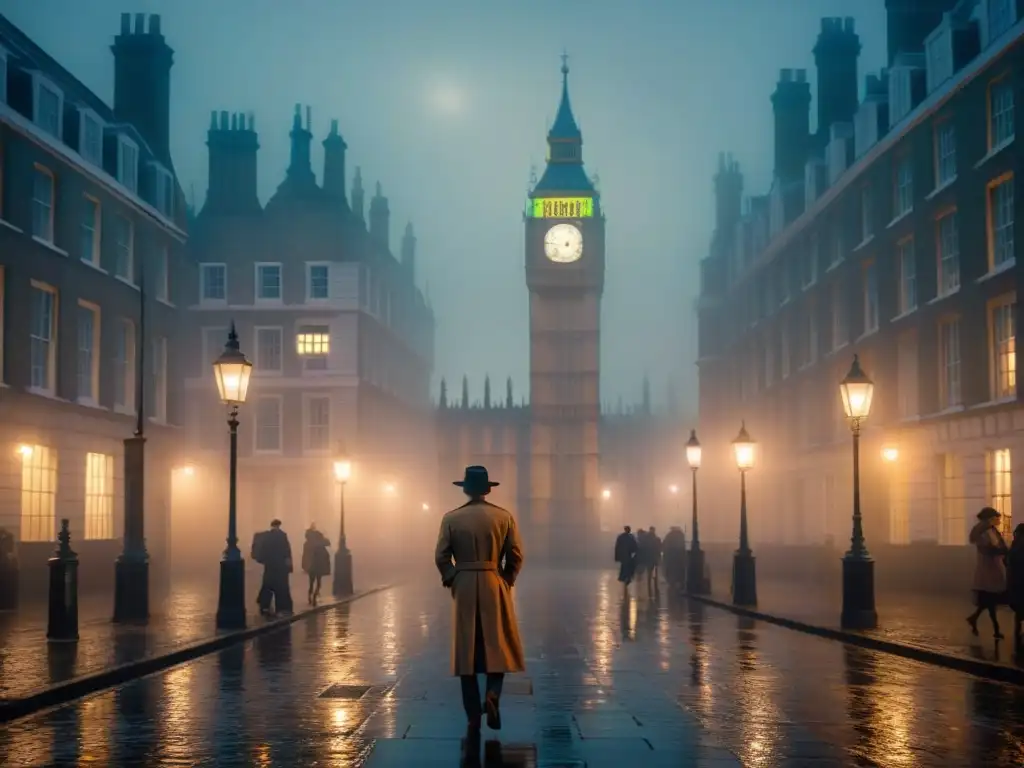 Un misterioso callejón de Londres envuelto en niebla, con un detective bajo la luz de una farola