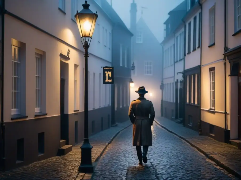 Un misterioso callejón escandinavo de noche, con figura solitaria bajo farola titilante