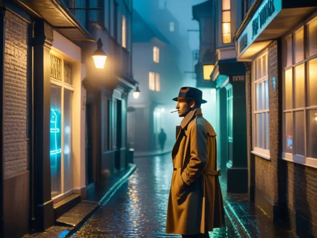 Un misterioso callejón europeo en la lluvia, reflejando luces de neón de un club de jazz