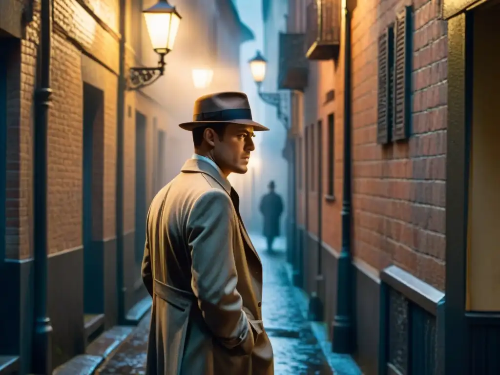 Un misterioso callejón con figura bajo farola en penumbra, sombrero y lluvia, reflejando la identidad en The Talented Mr