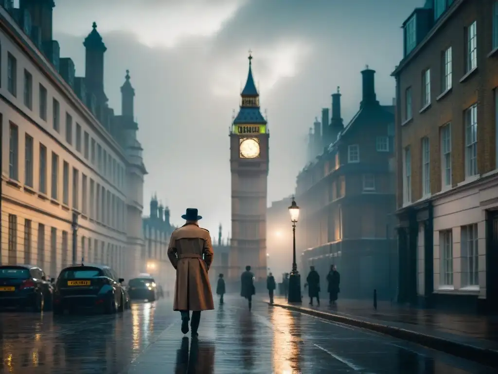 Un misterioso callejón de Londres con una figura solitaria bajo la luz de la farola y Big Ben de fondo