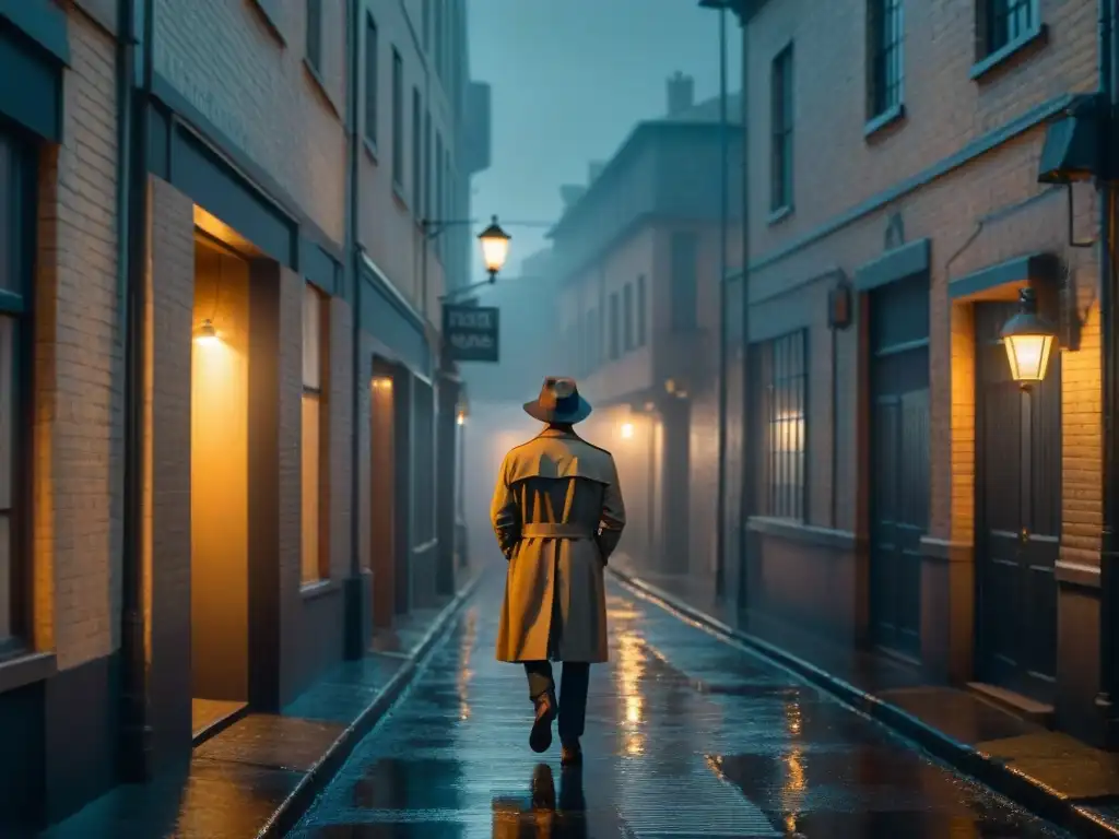 Un misterioso callejón iluminado por la lluvia, con un solitario figura en gabardina y sombrero, evocando un ambiente de Film Noir