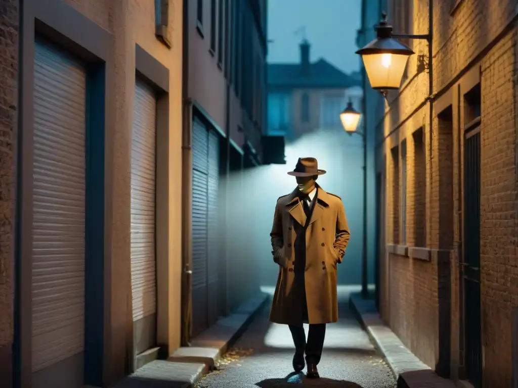 Un misterioso callejón iluminado por una solitaria farola, donde una figura con gabardina y fedora sostiene una lupa