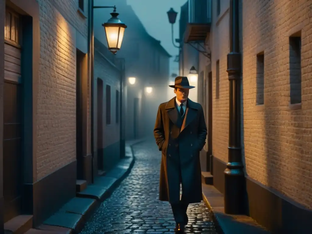 Un misterioso callejón iluminado por una solitaria farola proyectando la sombra de una figura con sombrero y cigarrillo