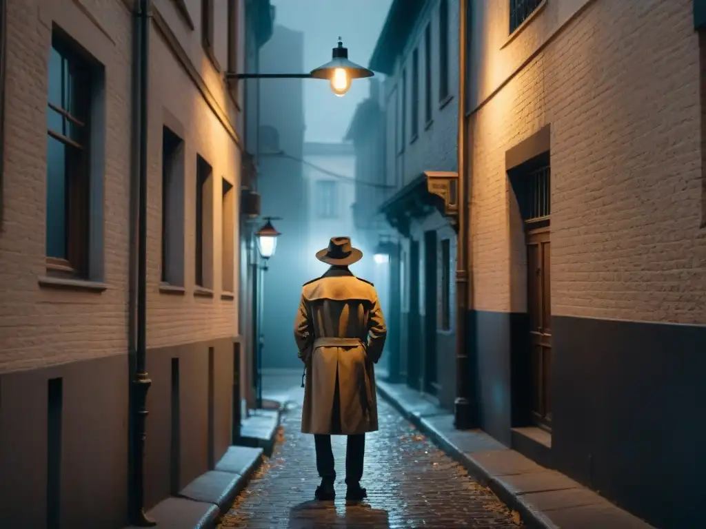Un misterioso callejón iluminado por una tenue luz, con una figura solitaria bajo una farola parpadeante