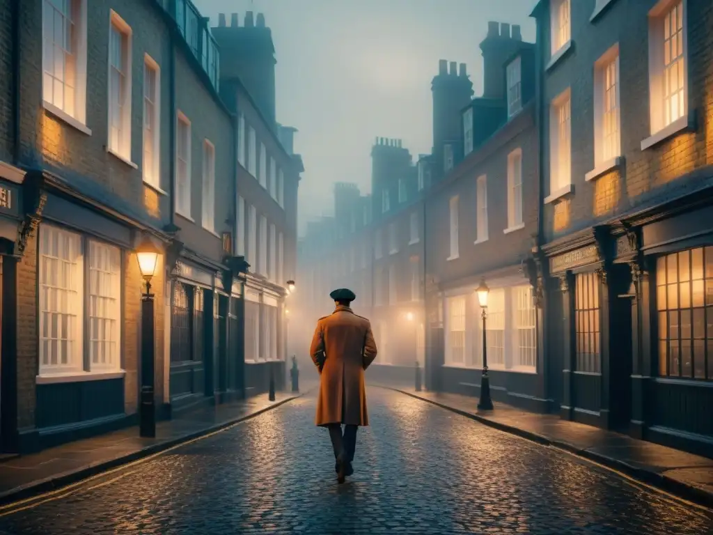 Un misterioso callejón en Londres, con lámparas de gas vintage iluminando la niebla