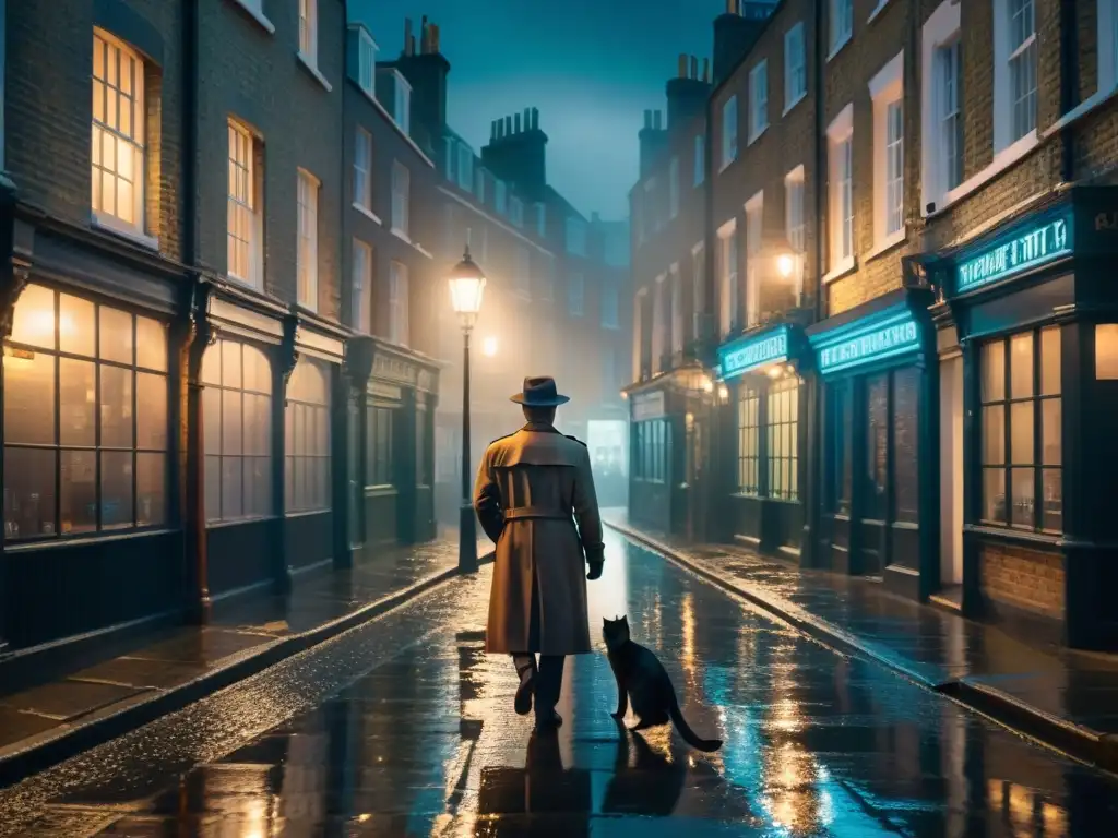 Un misterioso callejón de Londres bajo la lluvia, iluminado por la luz de una farola vintage