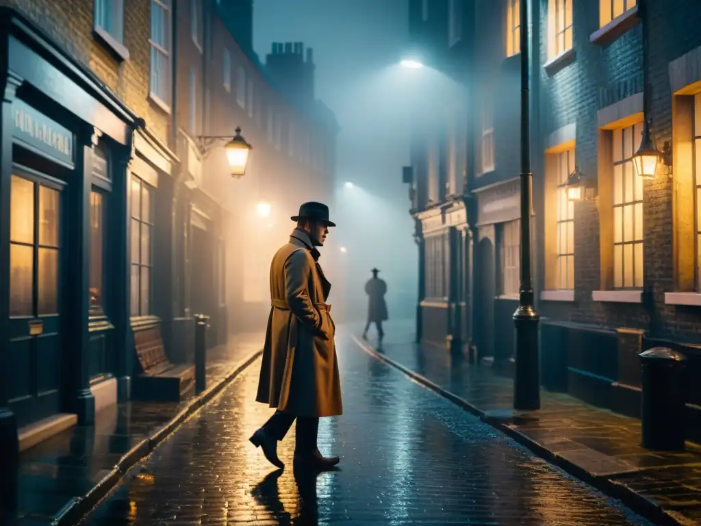 Un misterioso callejón de Londres en la niebla, con un solitario bajo la luz, reflejando la esencia de Adaptación en el misterio británico