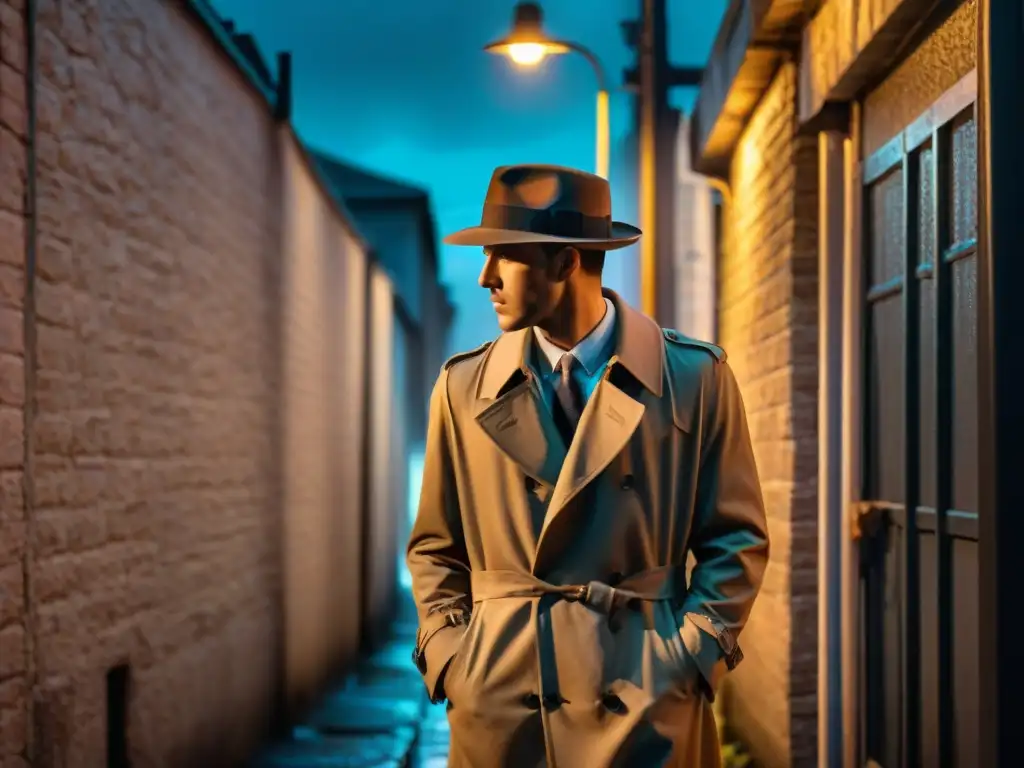 Misterioso detective en callejón nocturno lluvioso Un misterioso callejón en una noche lluviosa, con una figura solitaria bajo una farola titilante