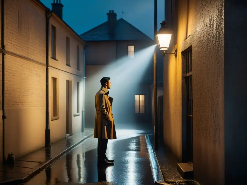 Un misterioso callejón en una noche lluviosa, con una figura solitaria bajo una farola titilante