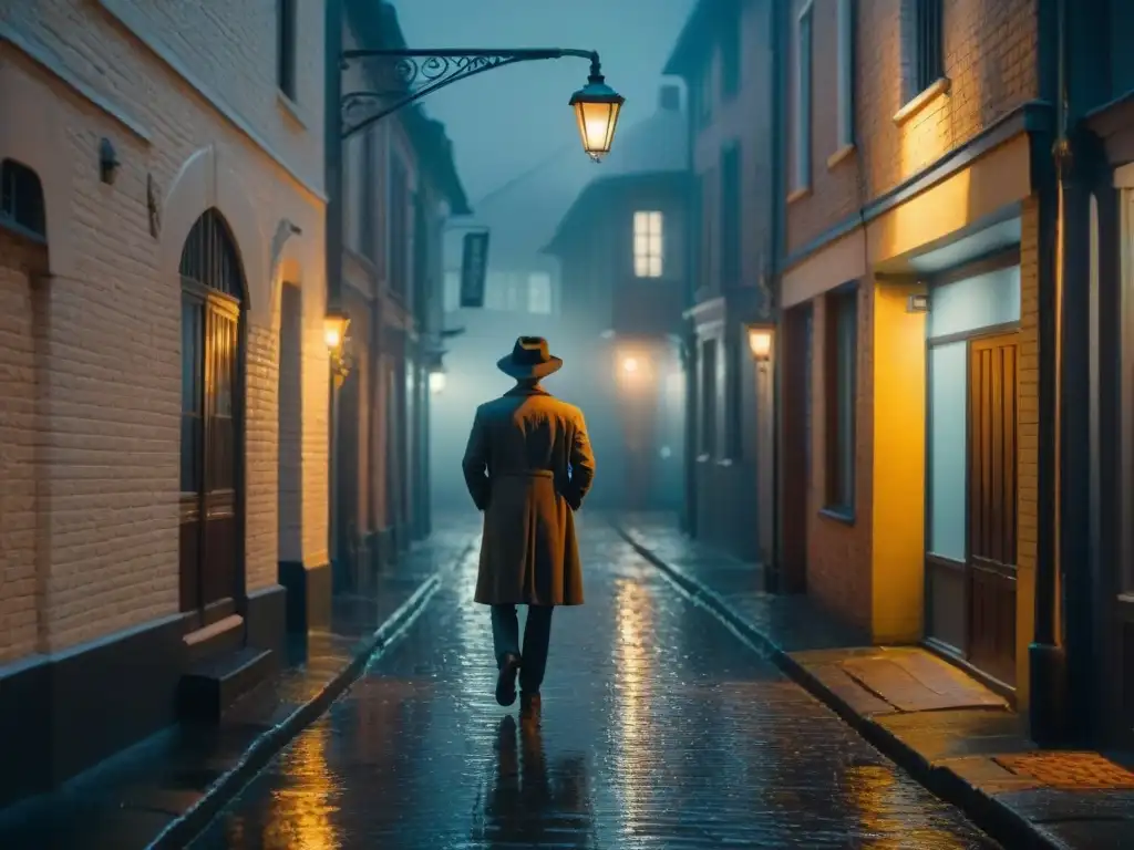 Un misterioso callejón en una noche lluviosa, con una figura solitaria acercándose a una farola vintage