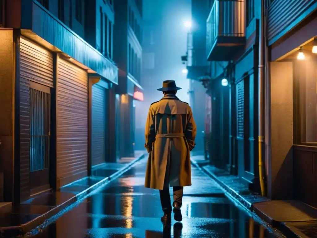 Noche misteriosa: figura solitaria en callejón oscuro de ciudad Un misterioso callejón nocturno en una ciudad bulliciosa, iluminado por un letrero de neón