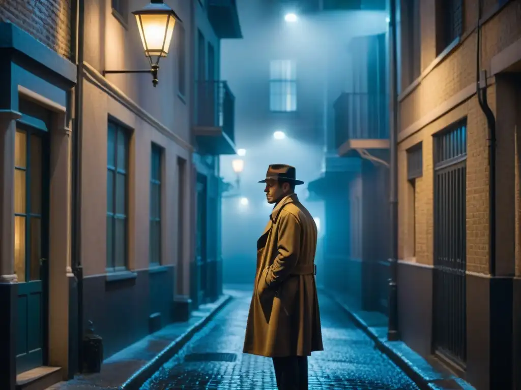 Un misterioso callejón nocturno en la ciudad, con neblina, sombras y una figura solitaria bajo la luz de una farola