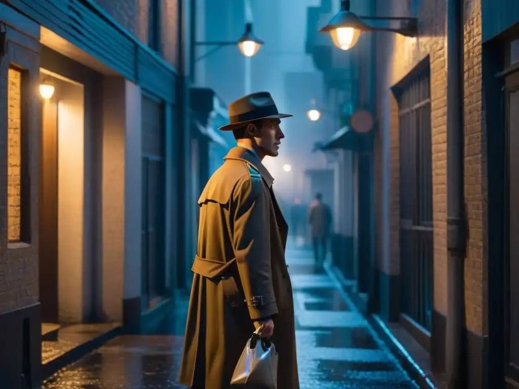 Un misterioso callejón nocturno en estilo noir, figura solitaria bajo la luz, lluvia y sombras largas