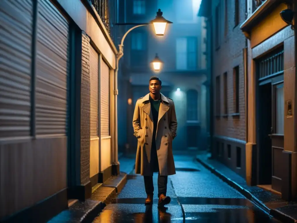 Un misterioso callejón nocturno con una figura solitaria bajo una farola, un coche vintage y lluvia creando un ambiente noir