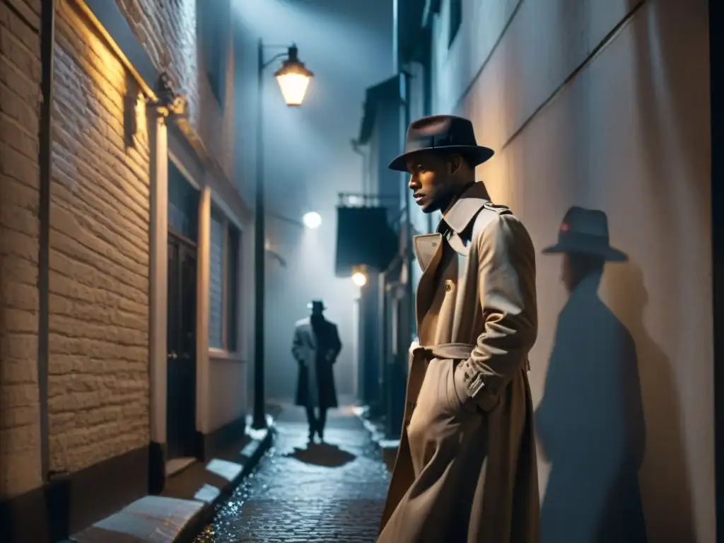 Un misterioso callejón nocturno con una figura solitaria en un sombrero y abrigo, mirando una farola parpadeante