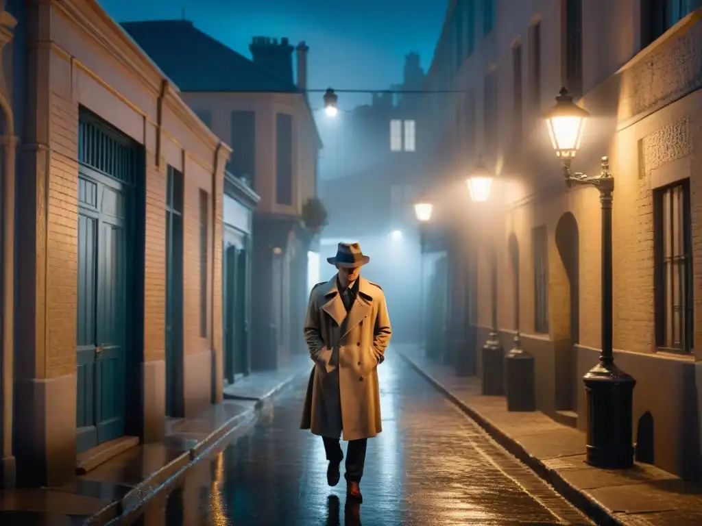 Un misterioso callejón nocturno, con una figura solitaria bajo una farola parpadeante