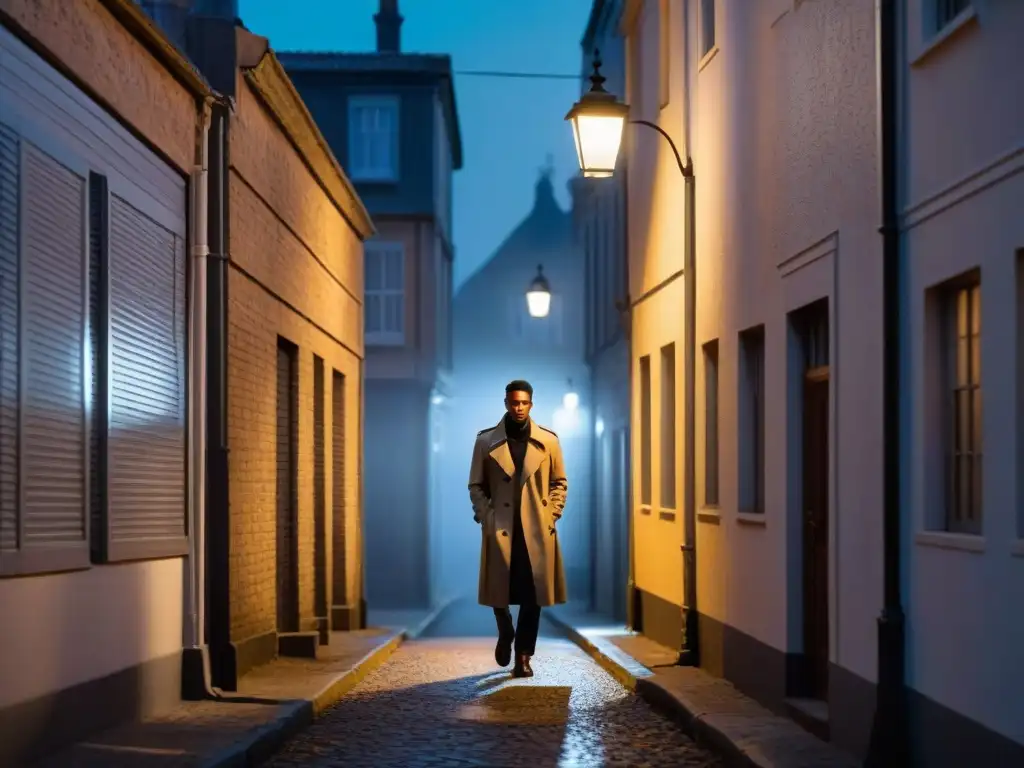 Un misterioso callejón nocturno con una figura solitaria bajo la luz de una farola titilante