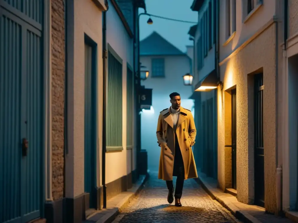 Un misterioso callejón nocturno, con una figura solitaria bajo una farola parpadeante