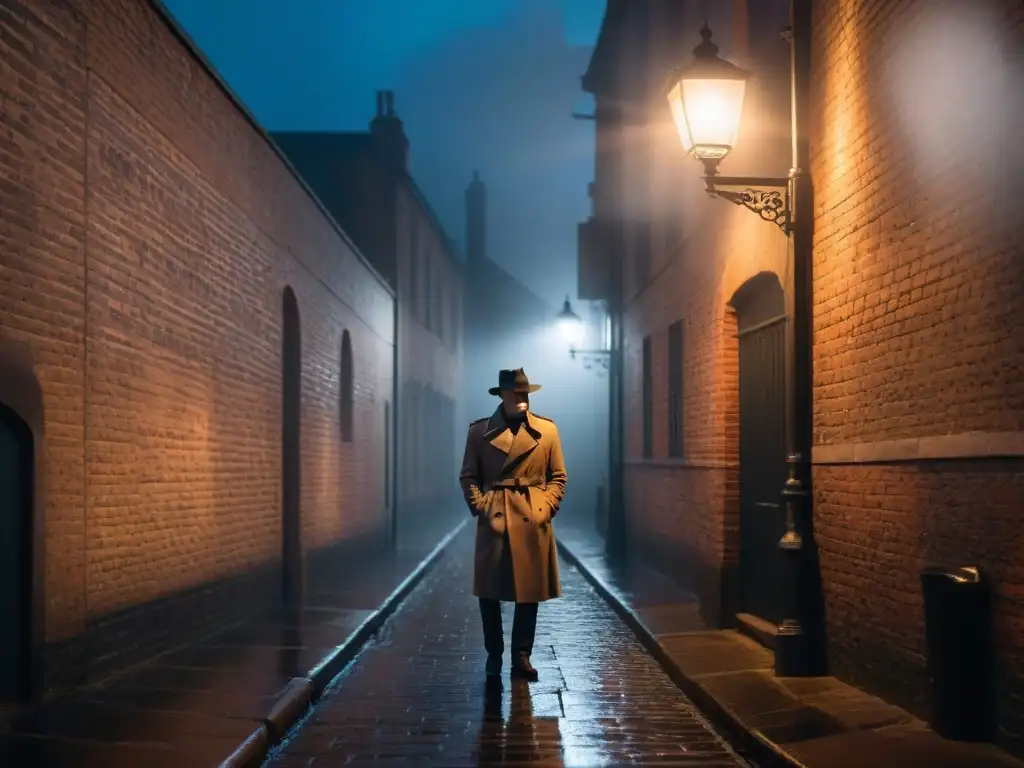 Un misterioso callejón nocturno, con figura solitaria bajo farola titilante, evocando el futuro del género thriller psicológico