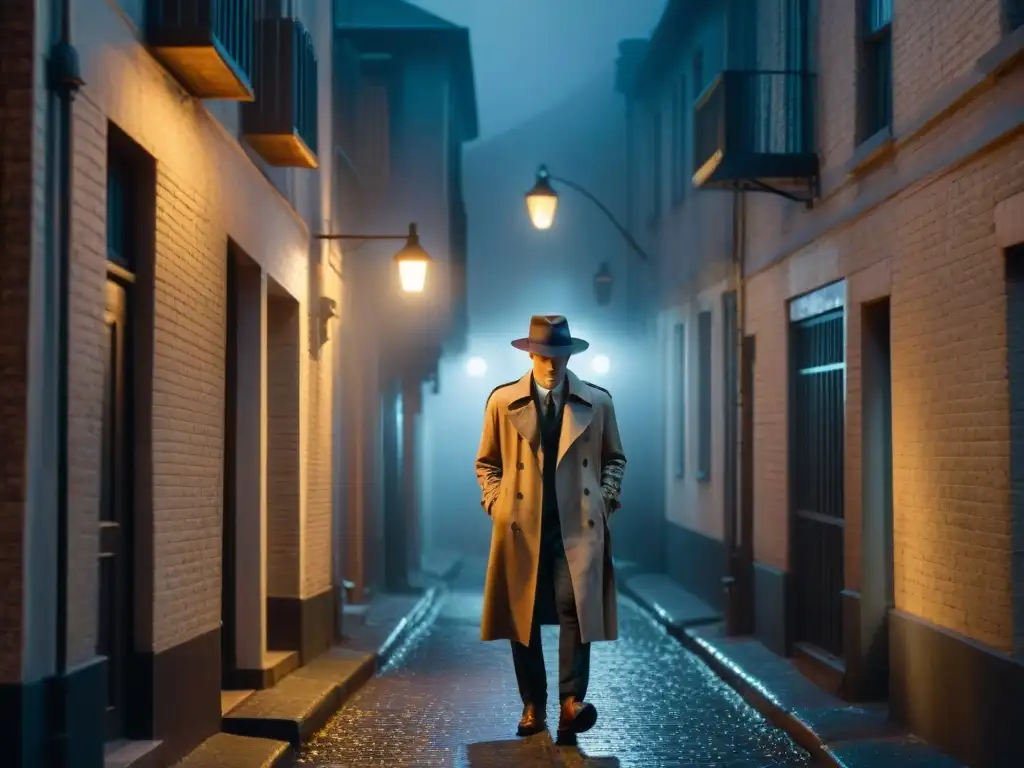 Un misterioso callejón nocturno, con una figura solitaria bajo la luz de la farola, evoca el cine noir