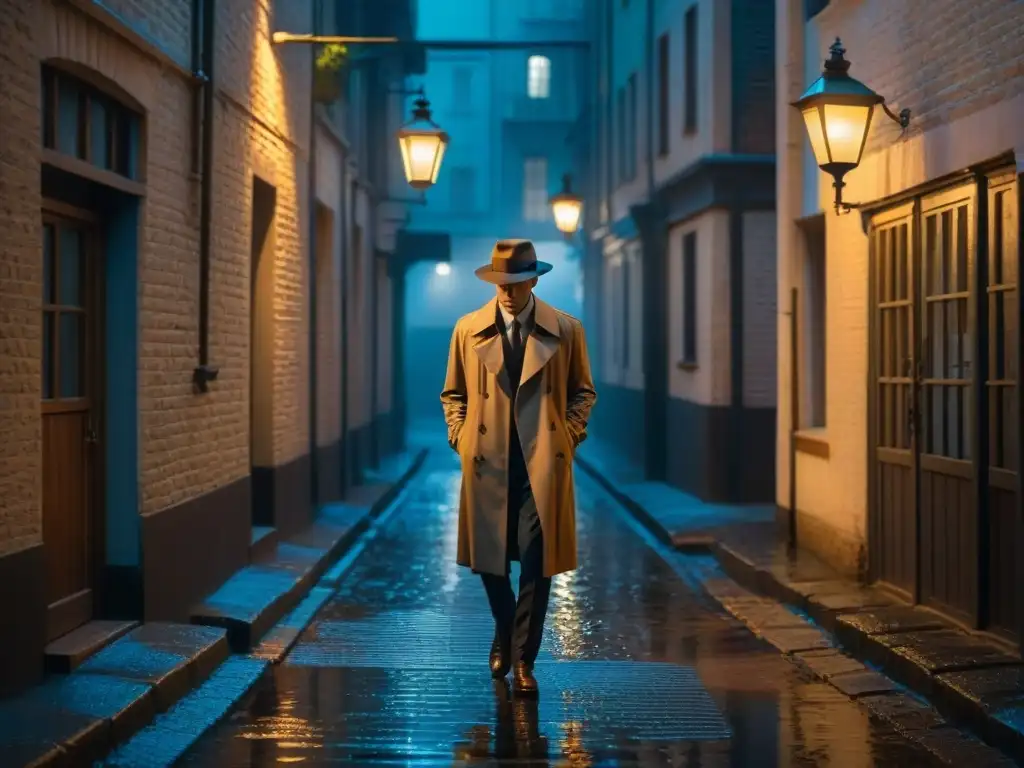 Un misterioso callejón nocturno, iluminado por una solitaria farola, con un personaje en la sombra