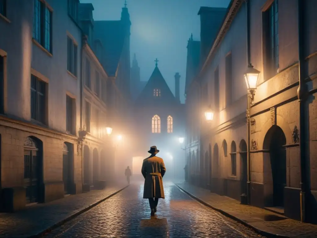 Un misterioso callejón nocturno iluminado por la luz de un farol tembloroso, con una figura en un abrigo y fedora mirando un edificio gótico