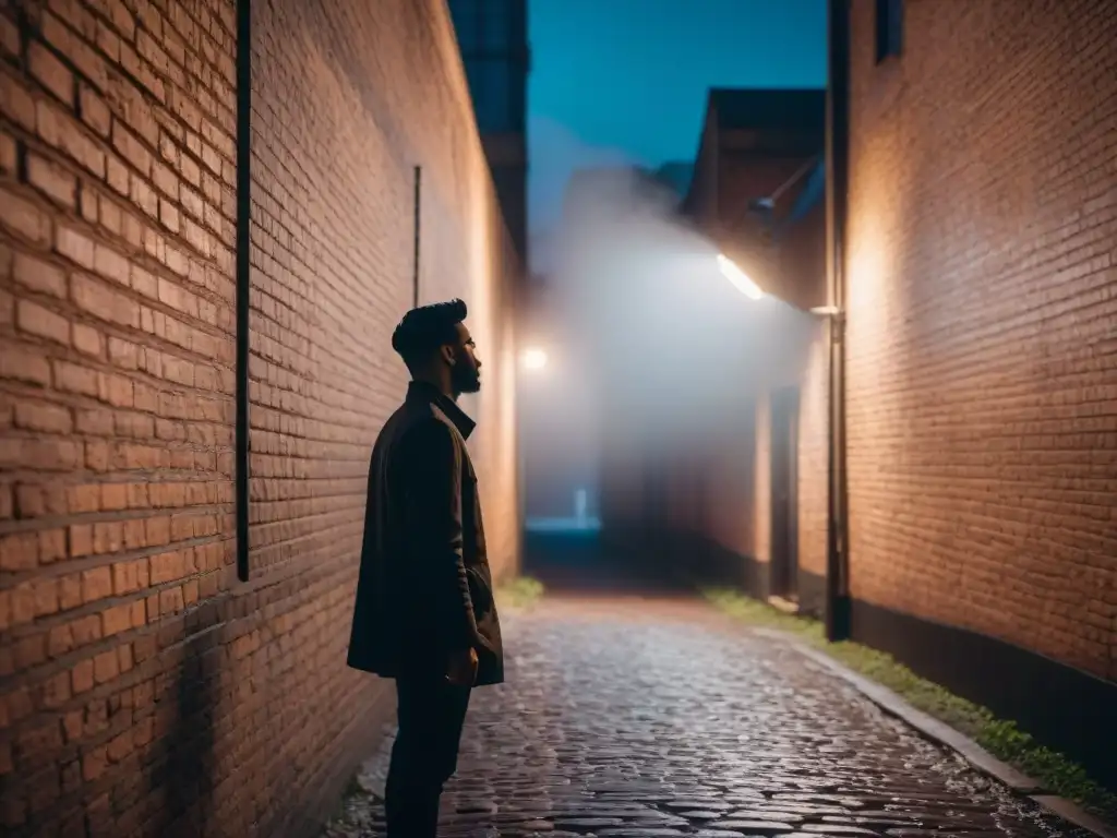 Un misterioso callejón nocturno iluminado por una tenue luz, donde una figura solitaria bajo un farol proyecta su sombra en la pared de ladrillo