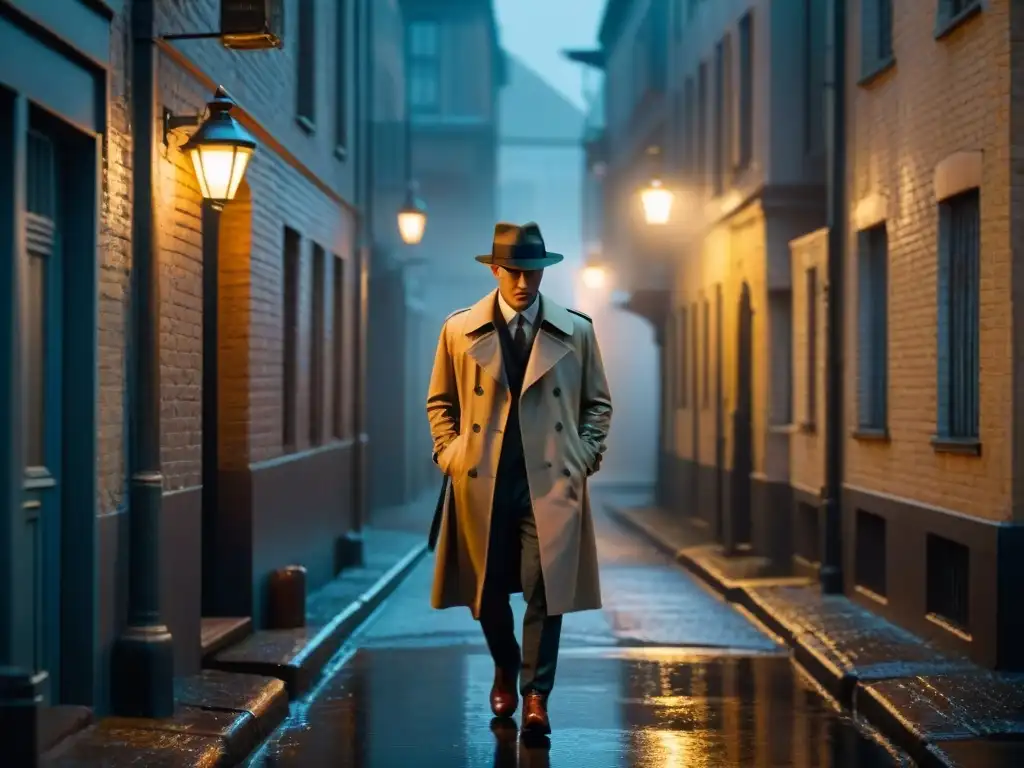 Un misterioso callejón nocturno bajo la lluvia, con una figura solitaria en gabardina y sombrero, bajo una farola parpadeante