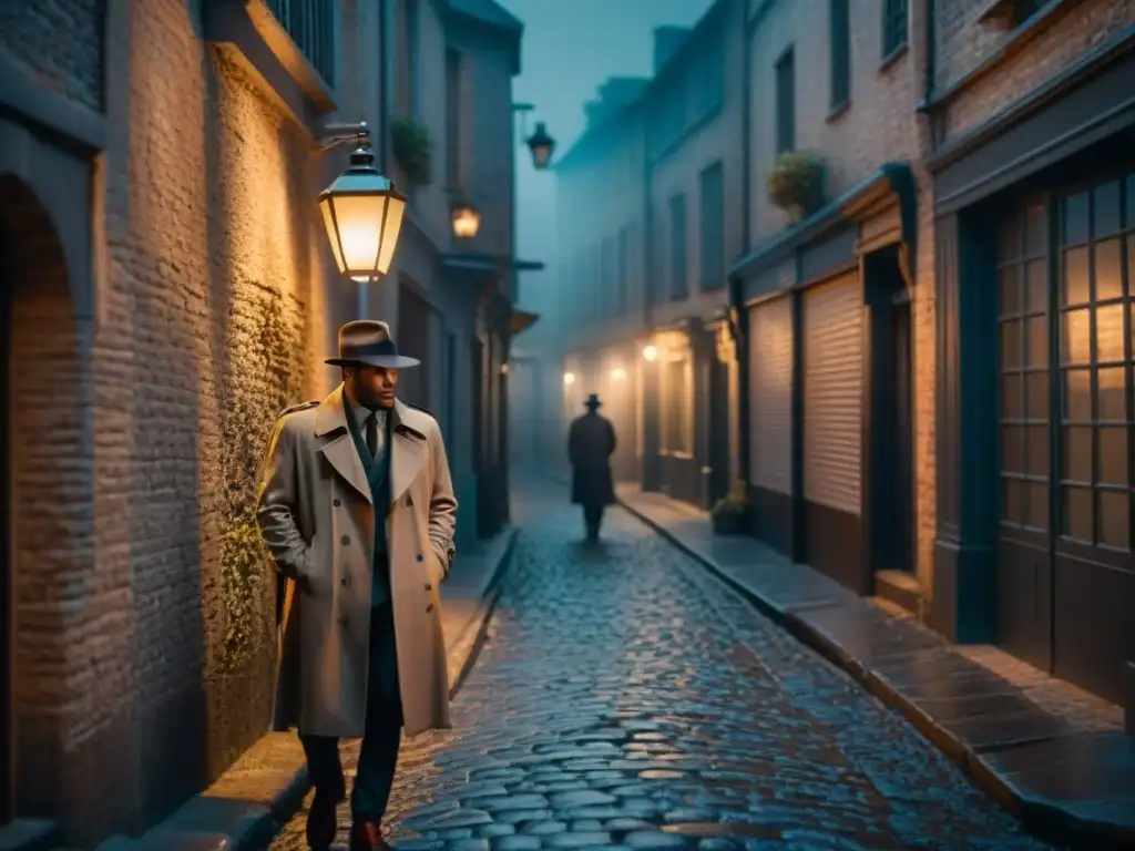 Un misterioso callejón nocturno con un solitario farol proyectando una luz tenue sobre los adoquines mojados