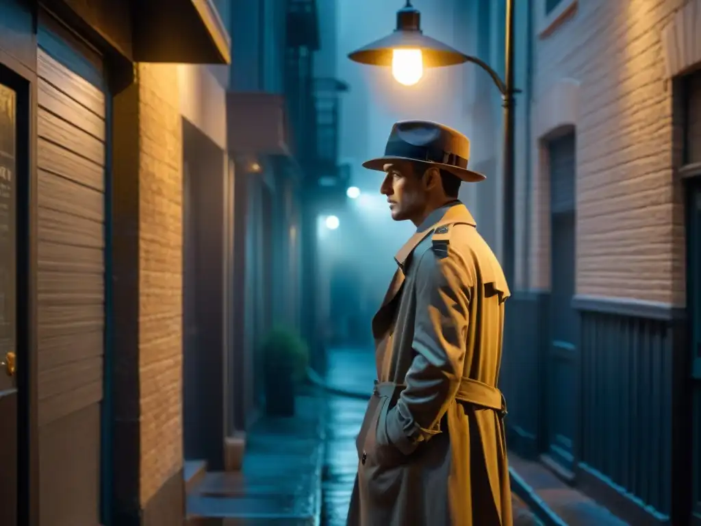 Un misterioso callejón nocturno con sombras y neblina, un personaje solitario bajo la luz de la farola