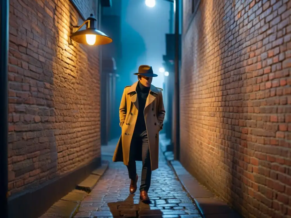 Un misterioso callejón nocturno en sombras, iluminado por la luz tenue de una farola parpadeante