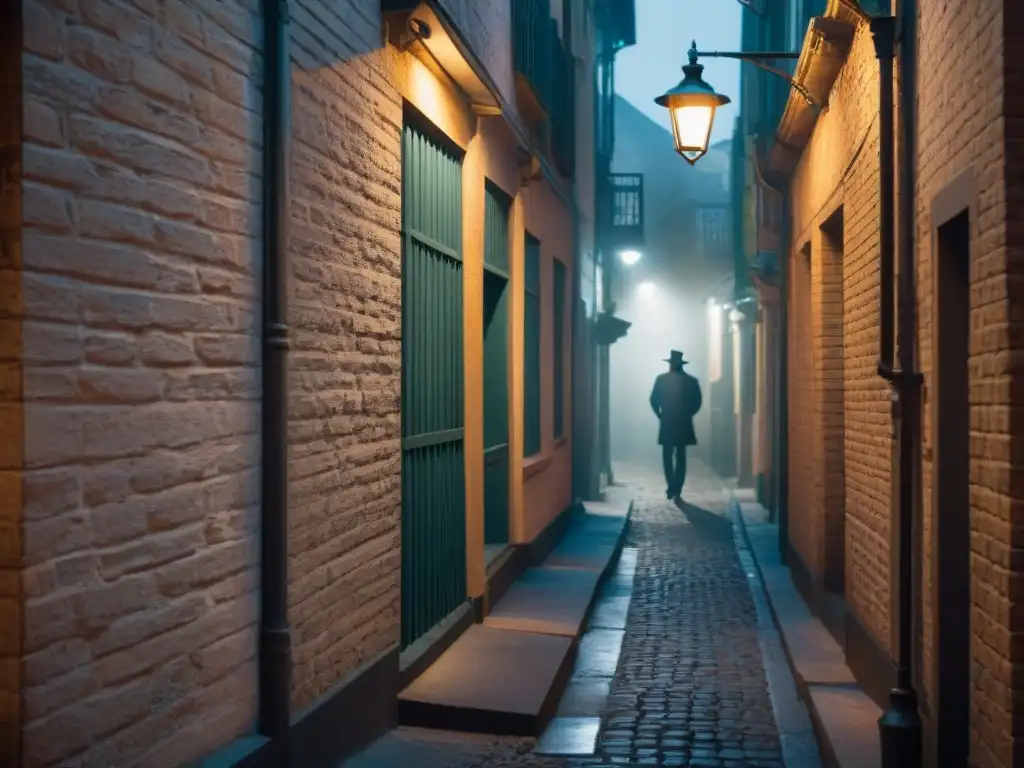 Un misterioso callejón nocturno con sombras y una figura bajo la luz, evocando 'El talento de Mr