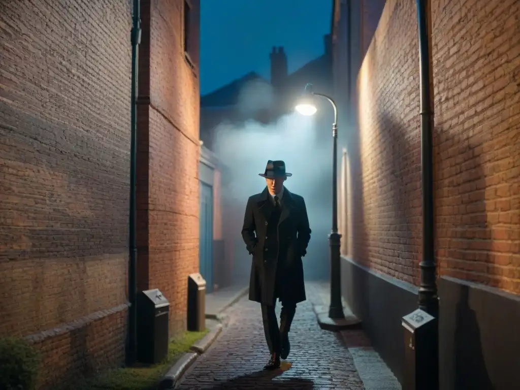 Un misterioso callejón nocturno con sombras oscuras, un hombre en gabardina y sombrero de ala ancha fumando, reflejo oscuro de Luther