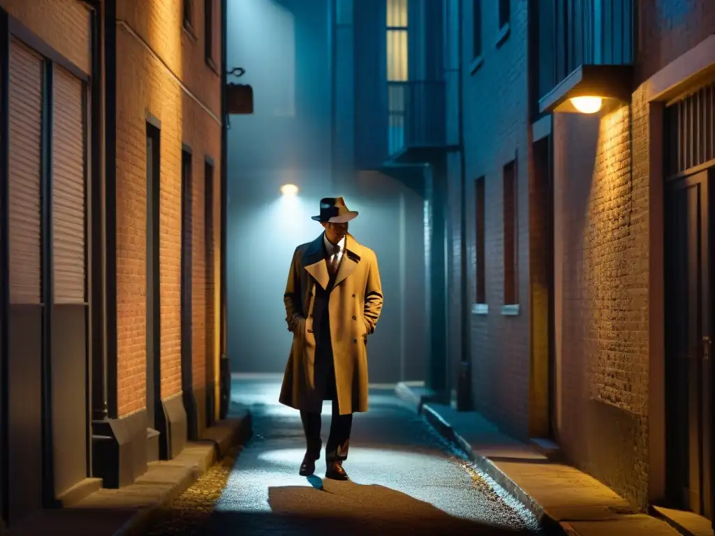 Un misterioso callejón oscuro en una ambientación urbana, iluminado solo por la tenue luz de una farola parpadeante