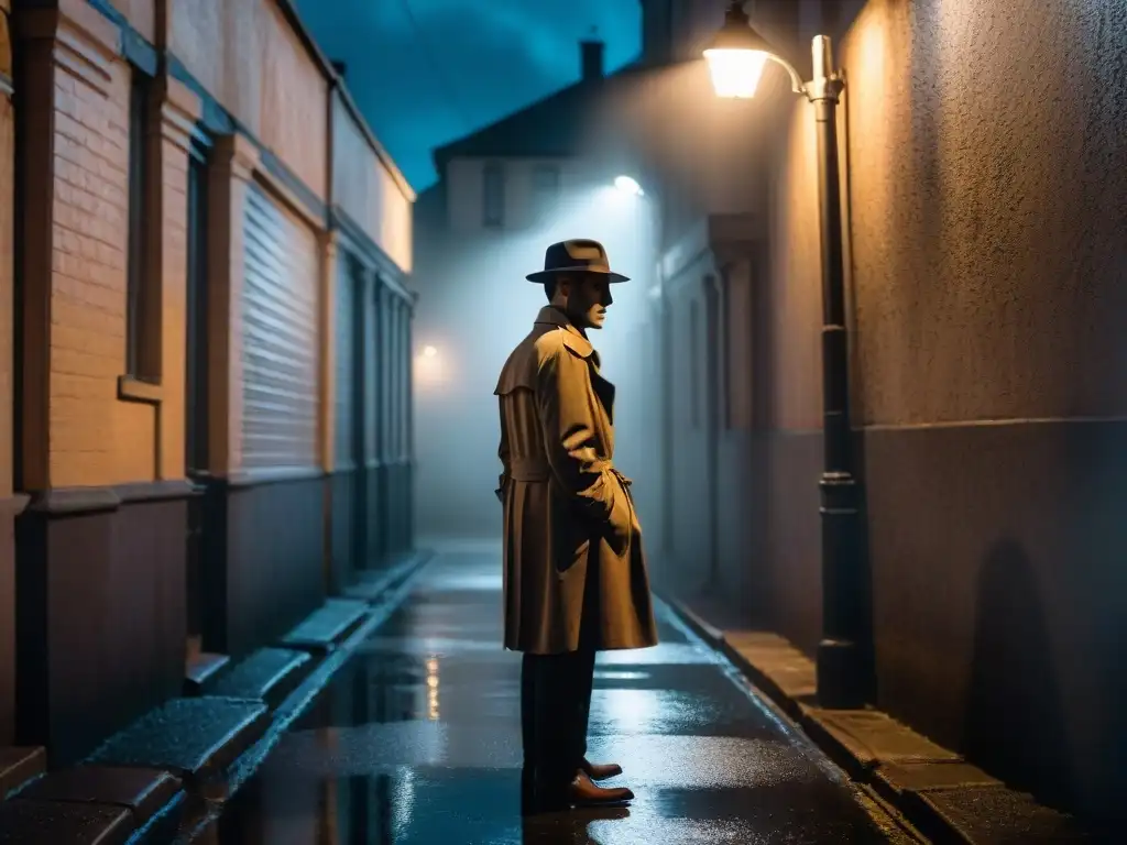 Un misterioso callejón en penumbra, iluminado por la luz tenue de una farola intermitente