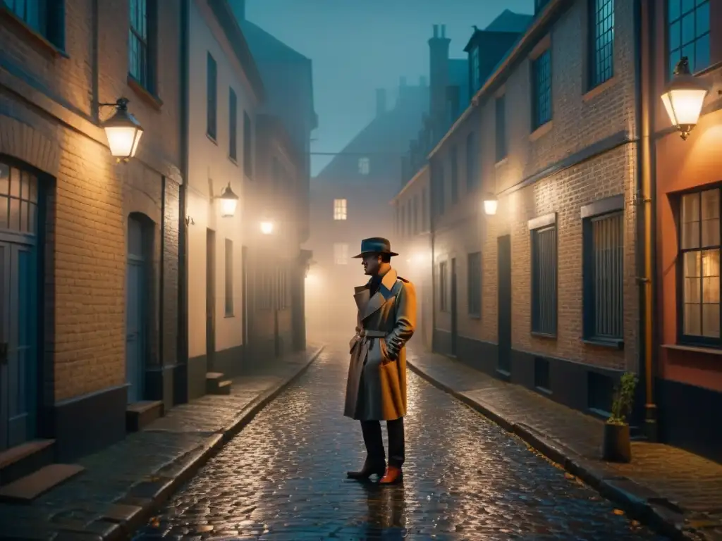 Un misterioso callejón de una pequeña ciudad, con farolas antiguas y neblina, evocando un ambiente de película noir