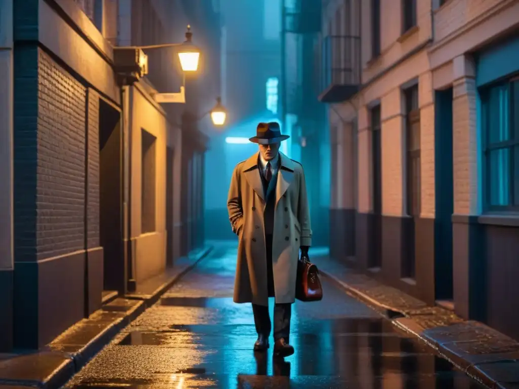 Un misterioso callejón en sombras con un solitario personaje en gabardina y sombrero, iluminado por la luz de una farola