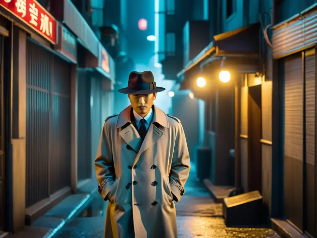 Un misterioso callejón en Seúl, Corea del Sur, con luces de neón iluminando la lluvia