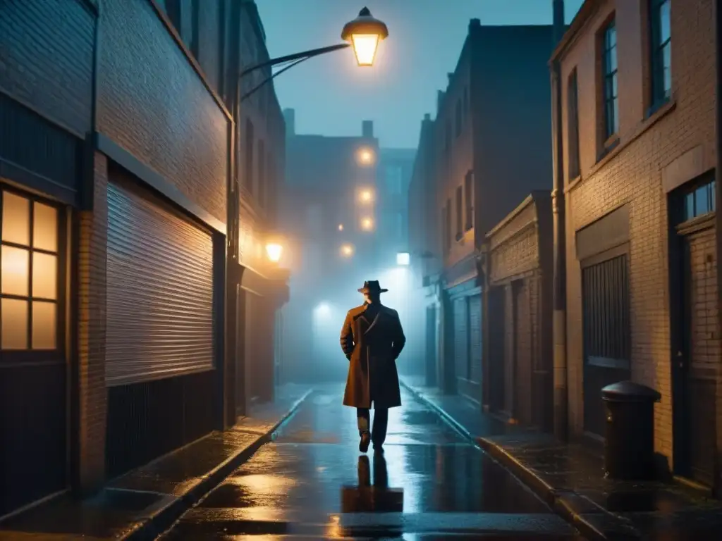 Un misterioso callejón urbano en penumbra con figura solitaria al fondo