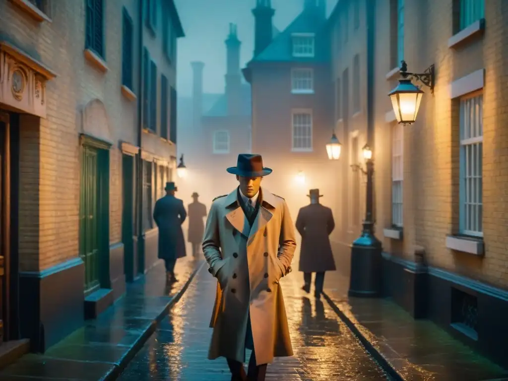 Intriga victoriana: observando desde las sombras Un misterioso callejón de la Londres victoriana, iluminado por faroles de gas en la niebla