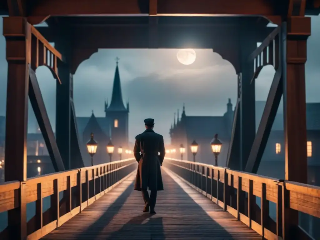 Un misterioso cantante en un puente, bajo la luna y luces de la ciudad