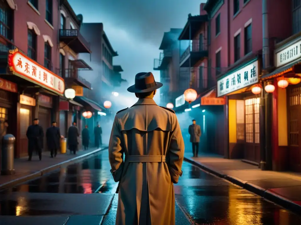 En el misterioso Chinatown, un detective en la penumbra observa con intensidad